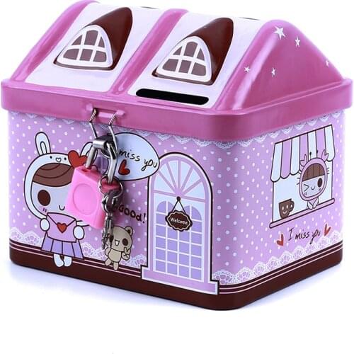 New metal house shape piggy bank coin safe storage box child piggy banks key lock money box creative children Christmas gift