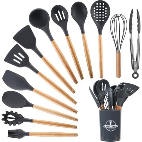 Kitchen Utensils Set Silicone Cookware Eco-friendly Wood Handle Kitchen Cooking Tool Grey Spatula Turner Ladle Kitchenware