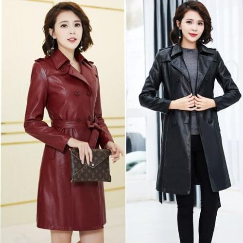 Autumn winter new women long stitching belt slim leather jacket women new leather coat women leather jacket plus size 4xl