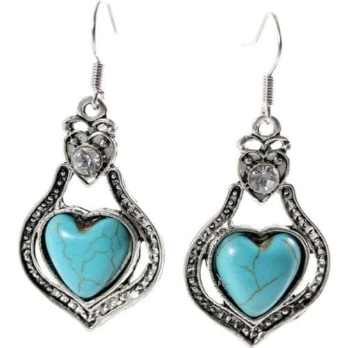 Silver Plated Cute Heart Dangle Earrings for Women Gift Green Turquoises Stone Jewelry