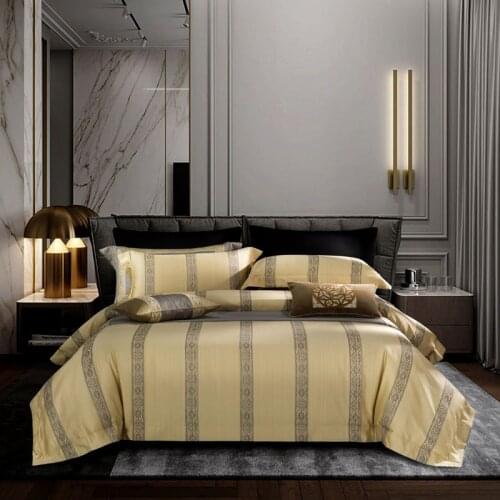 4 Pieces Luxury Egyptian Cotton Sateen Duvet Cover Set King Size Golden Grey Jacquard Bedding Business Man Bedroom Decor Queen