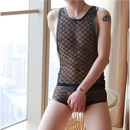 2017 Men Sexy Male Underwear Black Plaid Fishnet Transparent See Through Gay Clothing Mesh Shirts Man Clothes Erotic Undershirts