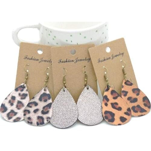 Gold Leopard Teardrop Real Leather Statement Earrings for Women Brand Jewelry Leaf Feather Water Drop Sequins Dangle Earrings