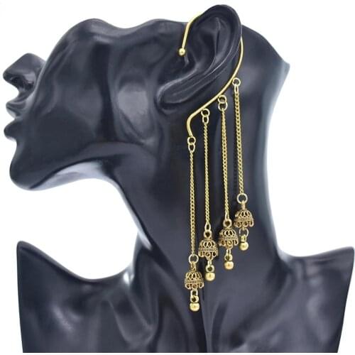 Vintage GoldMetal Ear cuff bell chain Tassel Earrings For Women Gift Pendientes Ear Cuff Caught In Cuffs Earrings Indian Jewelry