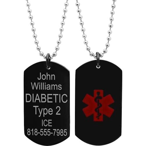 High quality custom Stainless Steel Black Medical ID Dog tag with chain Free engraving