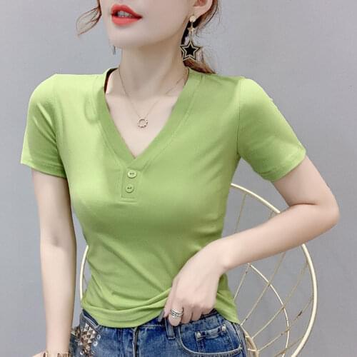 Fruit green coat womens short sleeve summer 2020 new fashion slim slim letter shirt tide half sleeve v collar T-shirt women