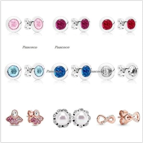 Authentic 925 Sterling Silver Blue & Pink Fan Earring With Crystal Stud Earrings For Women Wedding Gift Pandora Jewelry