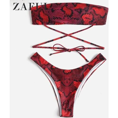 ZAFUL Snake Print Tie Bandeau Bikini Set High Cut Sexy Strapless Ladies Swimsuit Padded Casual Women Bathing Suit Summer Beach