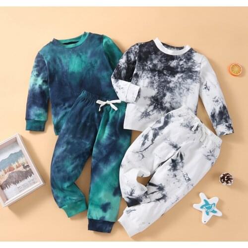 2 Pcs Toddler Tie-dye Outfits, Boys Long Sleeve Round Neck Sweater + Trousers with Bowknot Childrens Sets 2021 New Fashion