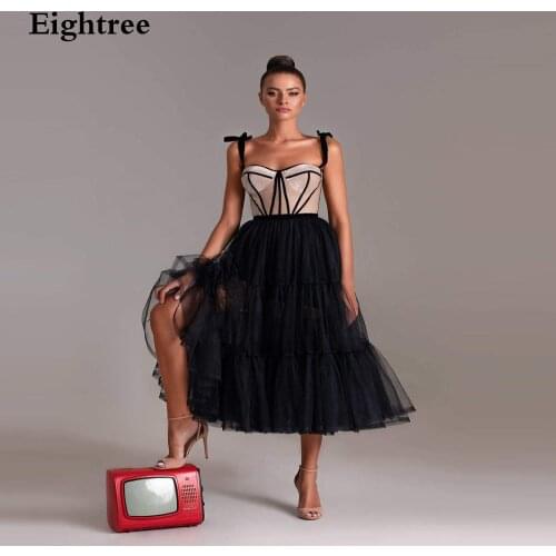 Eightree Black Complexion Velour Spaghetti Strap Sleeveless Sweetheart Prom Dresses A-line Tulle Short Formal Evening Dress