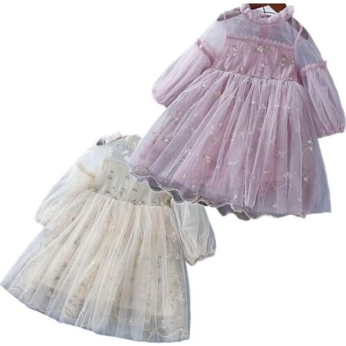 Kids Girls Party Costumes New Spring Autumn Fashion Baby Girl Mesh Lace Dress Wedding Embroidery Floral Princess Vestidos