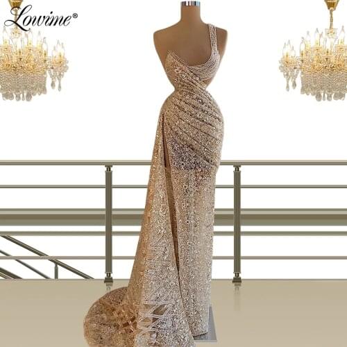 Beaded Long Champagne Party Dresses Customized Tassel Sexy Celebrity Dresses 2021 Evening Dress Arabic Mermaid Prom Dresses Robe