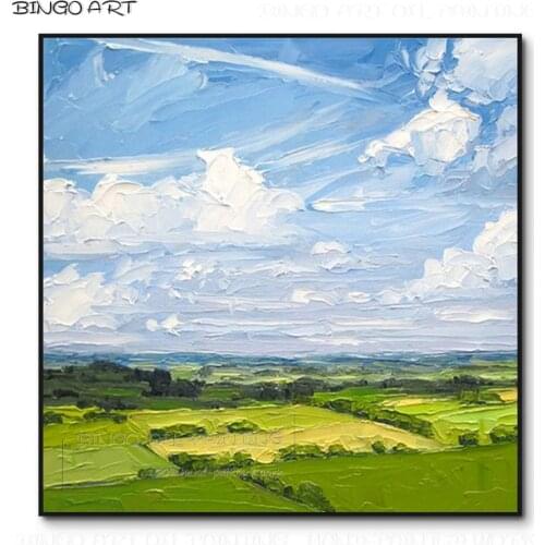 Artist Hand-painted Beautiful Blue Sky and Green Landscape Oil Painting Beautiful Colors Blue Sky and White Cloud Oil Painting
