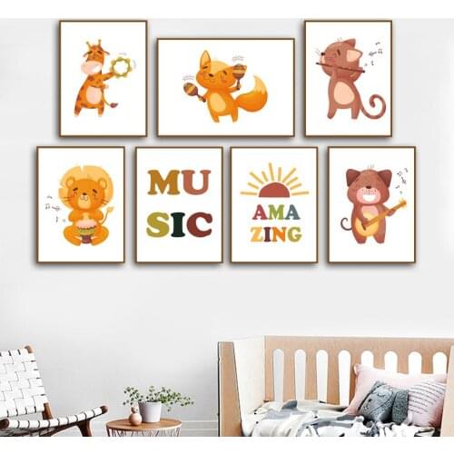 Music Animals Giraffe Bear Fox Lion Cat Cartoon Art Canvas Painting Nordic Posters And Prints Wall Pictures For Kids Room Decor