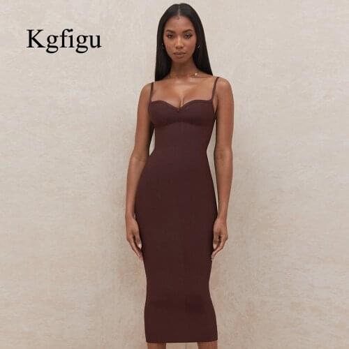 KGFIGU 2021 New Arrival Sleeveless Backless Spaghetti Strap Female High Waist Sheath Club Solid Dresses For Woman