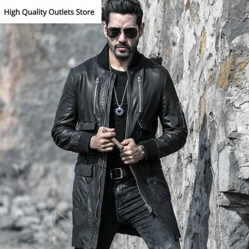 Men thin long genuine leather coat outerwear mid-length soft sheepskin man fashion coats tops clothes