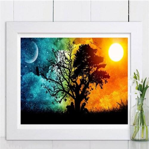 Night Moon And Sun Painting Couple Under Tree Forest Silhouette Landscape Posters Prints Decorative Wall Art Pictures Home Decor