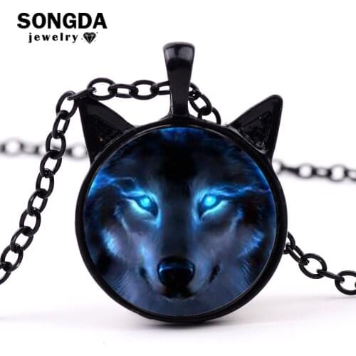 SONGDA Black Nordic Wiccan Wolf Necklace Wiccan Wolf Pendant Choker Chain Collar Glass Photo Cabochon Chain Statement Necklace