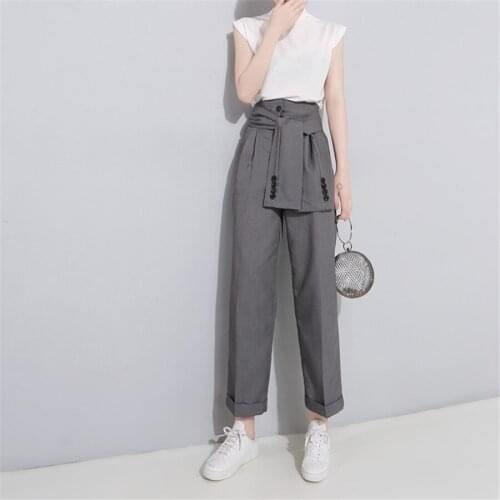 Casual pants womens new style 2021 thin and high waist knotted button design nine-point pants for summer