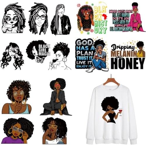 Iron On Patches Afric Girls DIY Thermal Transfer Stickers Patch On Clothing Black Women T-shirt Decal For Clothes Washable