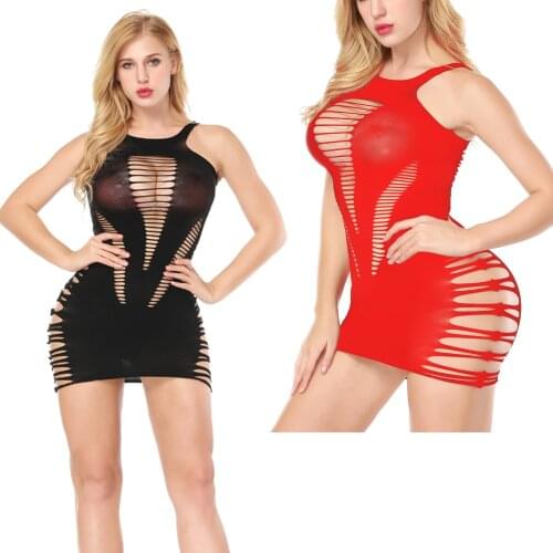 Candiway Sexy teddy Underwear Plus Size Hourglass Black Mini Dress Erotic costume babydoll mesh lingerie perspective fishnet