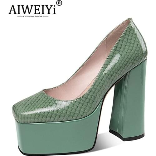 AIWEIYi Patent Leather High Heels Snake Grain Thick High Heels Platform Shoes Square Toe Slip On Ladies Shoes