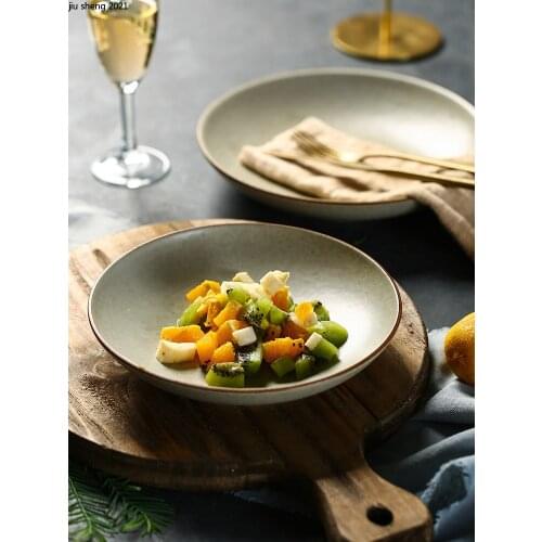 9 Inches Japanese Ceramic Western Steak Plate Retro Dinner Plate Household Round 8 Inches Fruit Dessert Plate Kitchen Tableware