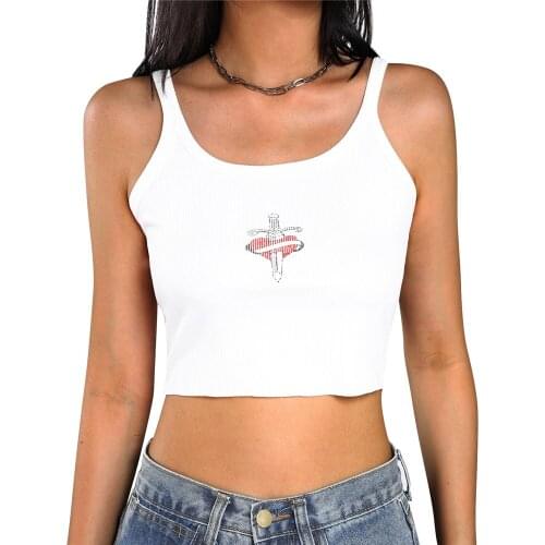 Women Leisure Bodycon Fashion Casual Cute Printed Slim Ribbed White Vest Sleeveless Low Square Neck Crop Tank Tops Summer Wear