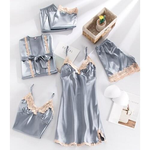 Women Satin Pajamas Sets Bride Dressing Kimono Gown Sexy V-Neck Nightgown&Shorts Pyjamas 5PCS Lace Floral Sleepwear Home Wear