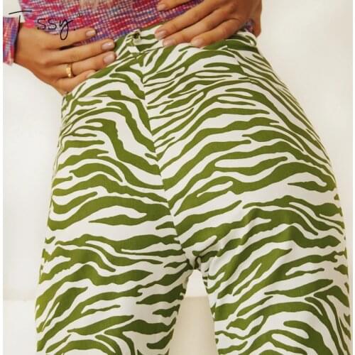 Tossy Green Y2K Fashion Pants Zebra Pattern High Waist Women Jeans 90s Streetwear Casual Slim Wide Leg Striped Trousers Capris