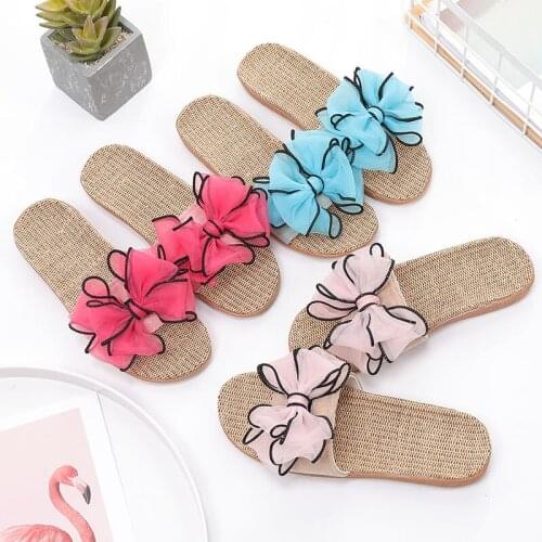 Women Flax Home Slippers Summer Bow-knot Soft Floor Woman Indoor slides Flats House Shoes Cute Linen Slipper