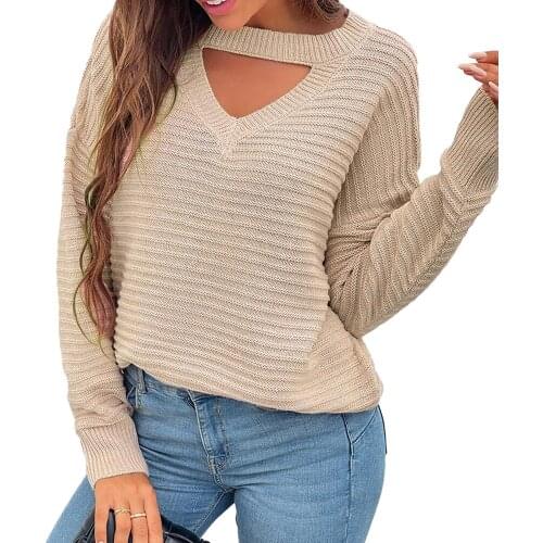 Knitted Solid Womens Hollow Out V Neck Knitwear 2021 Autumn Long Sleeve Sweater Pullovers Office Ladies Sexy Fashion Work Tops