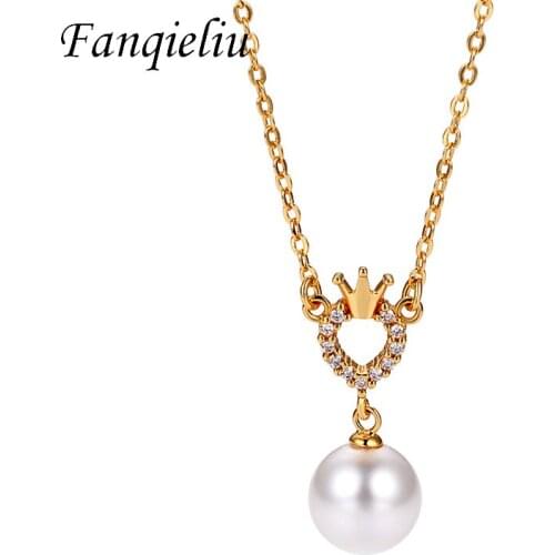 Fanqieliu Vintage Style Jewelry Crystal Crown Heart Pearl Chokers Gold 925 Sterling Silver pendant Necklace For Women FQL21179