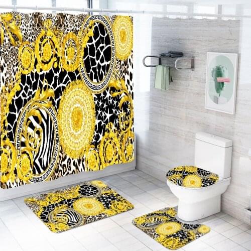 3D Golden Chain Lepoard Retro Printed Shower Curtain Bath Rug Sets Toilet Cover Bathroom Set Bath Mat Set Home Decor 4Pcs