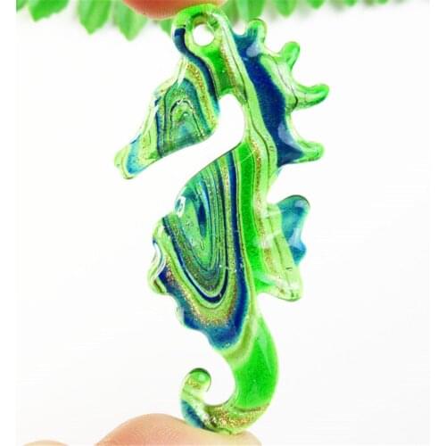 67x32x7mm Green Blue Golden Carved Lampwork Glass Seahorse Pendant Bead