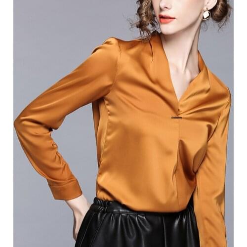 Spring Fall Fashion Womens Office Ladies Orange Long Sleeve 4xl 3xl Blouse Shirt , Formal Female Woman V Neck Elegant Blouses