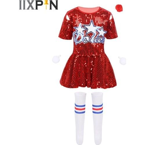 Girls Cheerleading Costume Kids Sparkly Sequins costume Jazz dance costumes dance Short Sleeves Crop Top with Skirt Shorts sets