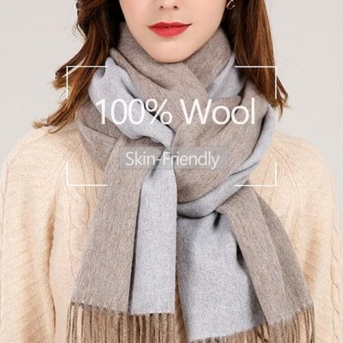 Reversible Women 100% Pure Wool Scarves Two-sided Warm Cashmere Shawls and Wraps for Ladies Solid Grey Winter Wool Scarf Wraps
