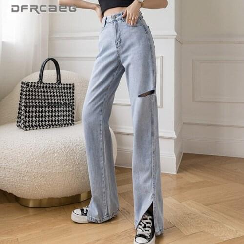 Streetwear Loose Summer Denim Trousers Women 2021 High Waist Vintage Boyfriends Hole Wide Leg Straight Jean Feminino