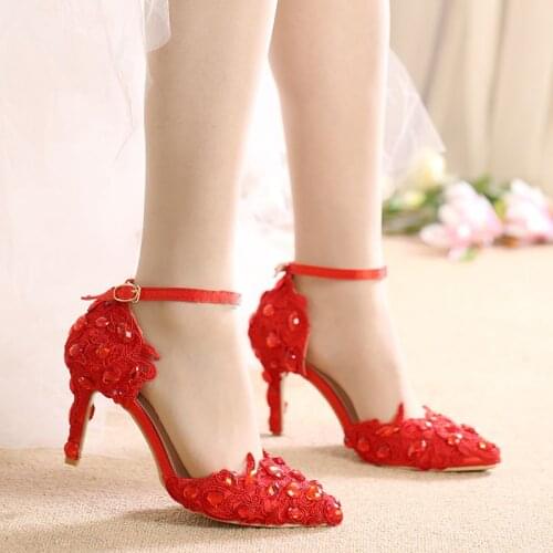 8CM high heels red lace summer pumps shoes woman handmade NQ286 bling shinny red crystal rhinestones lace bridal wedding pumps