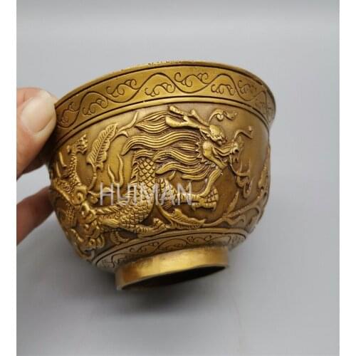 China Brass Statue Luck Wealth Dragon Bowl Metal Crafts Home Decoration