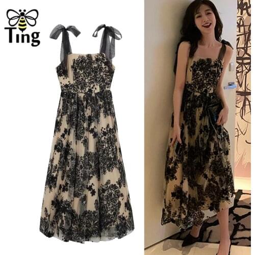 Tingfly Summer Sweet Solf Egirl Sequines Embroidery Black Party Birthday Dresses Tie Up Strap Sundresses Zaful Vestidos Midi za