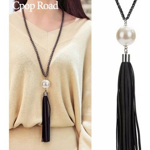 Cpop Trendy Pearl Leather Tassel Pendant Necklace Simple Elegant Sweater Necklace Women Jewelry Accessories Gift for Friend 2019