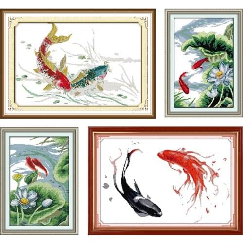 Joy Sunday Lotus&Carps Cross Stitch Kits Stamped 11CT 14CT Counted White Cloth Printed Embroidery Needlework Handmade Gift Sets