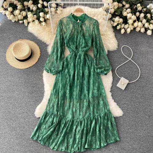2021 New Autumn Temperament Vestidos Female Round Neck Puff Sleeve Elegant Crochet Waist Midi Dress DF580
