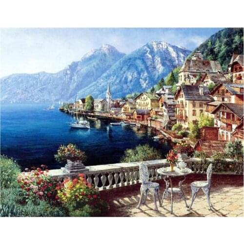 Full Square New 5D DIY Seaside Mountain Town Scenic Embroidery Diamond Painting Cross Stitch Rhinestone Mosaic Decor FH504