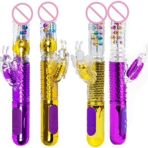 New realistic 36 function Vibration rotating roll ball telescopic bead butterfly G spot egg silicone Dildo Sex Toy for women