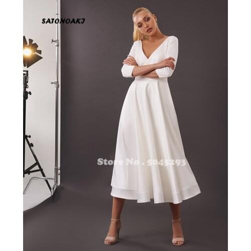 Simple Modest V-Neck A-Line Tea Length Wedding Dress High Quality Three Quarter Bridal Gowns with Zipper Back Robe De Mariée