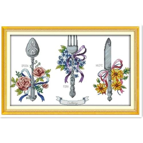 Beautiful tableware cross stitch embroidery, knife and fork spoon Western tableware handmade needlework restaurant decoration