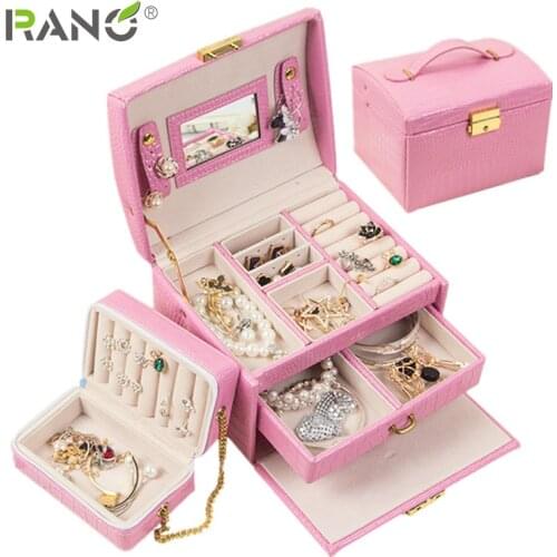 RANO RN-JB19 Multi-Functional Uxury Leather Three-Tier Drawer Large Capacity Portable Bag with Mirror Jewelry Box